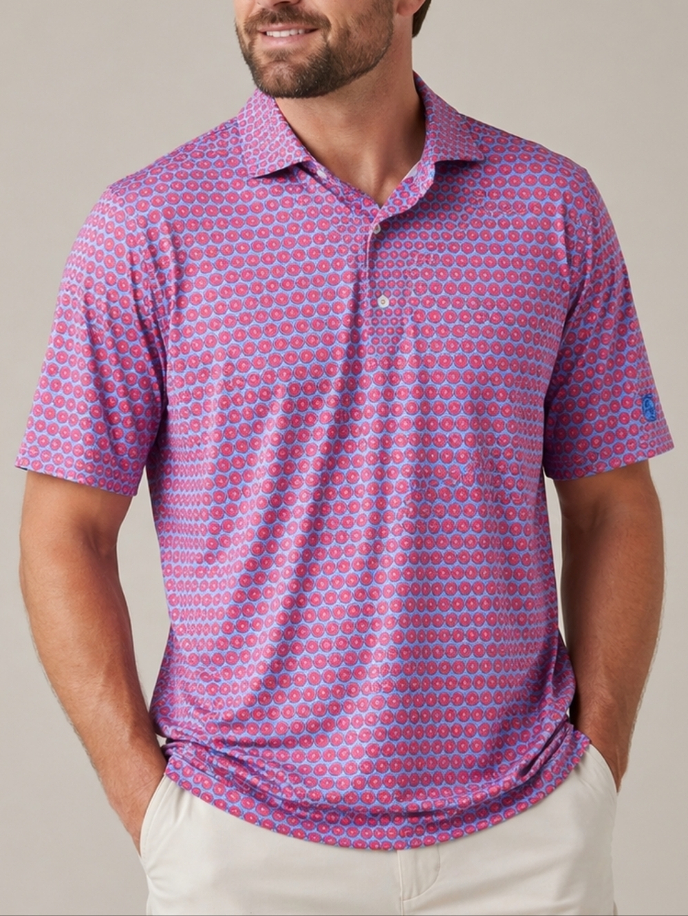 Turtleson BB Logo Mens Pink Fruit Slice Print Golf Polo Shirt L Moisture Wicking